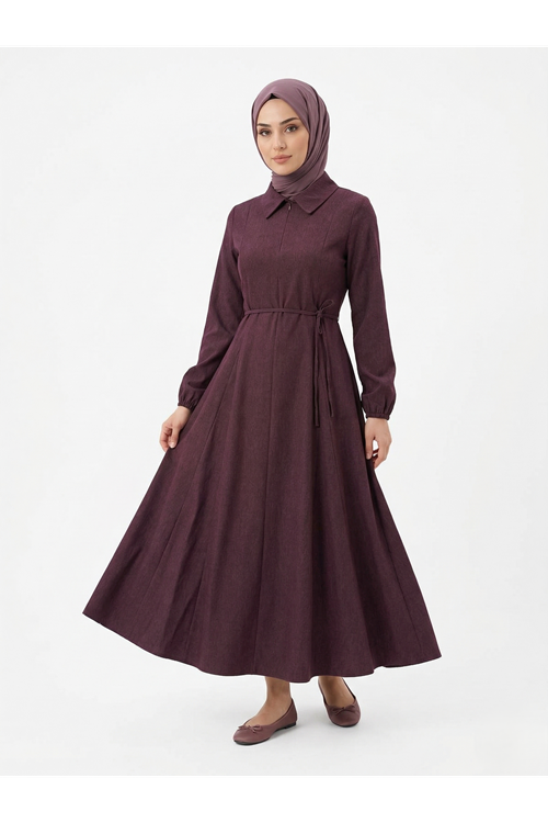ELB04136-BRD Yakalı Fermuar Detay Elbise-Bordo