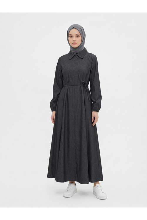ELB04136-SYH Yakalı Fermuar Detay Elbise-Siyah