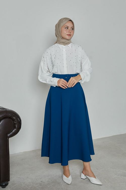 MOE02806-İND Kemerli Kloş Etek-İndigo
