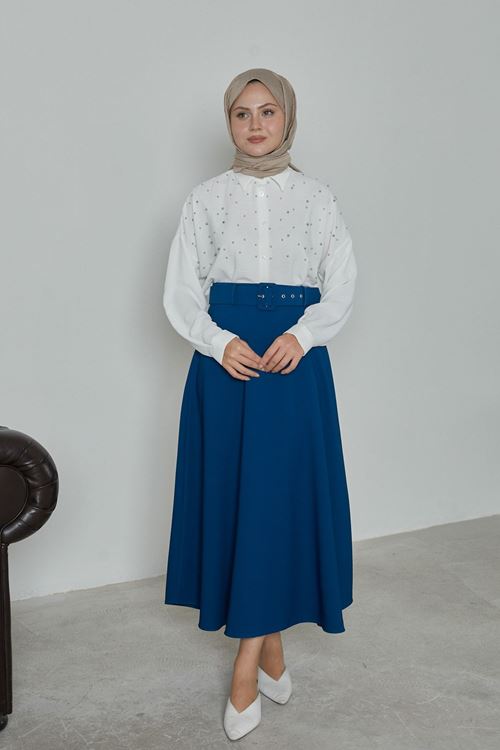 MOE02806-İND Kemerli Kloş Etek-İndigo