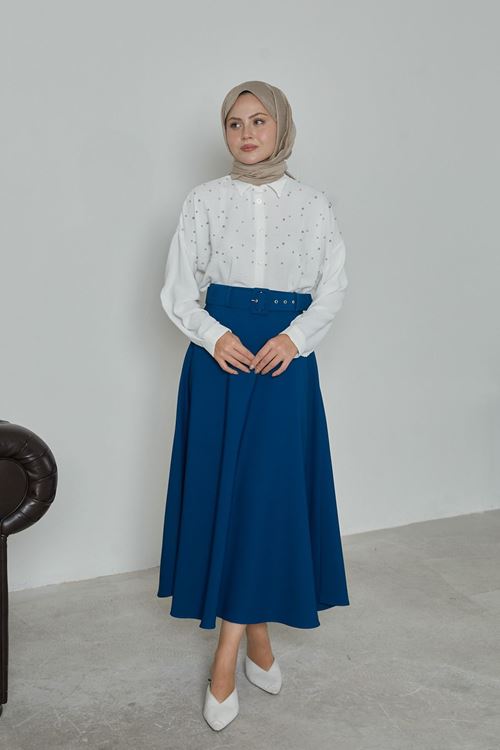 MOE02806-İND Kemerli Kloş Etek-İndigo