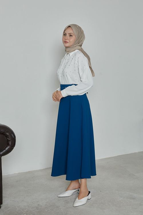 MOE02806-İND Kemerli Kloş Etek-İndigo