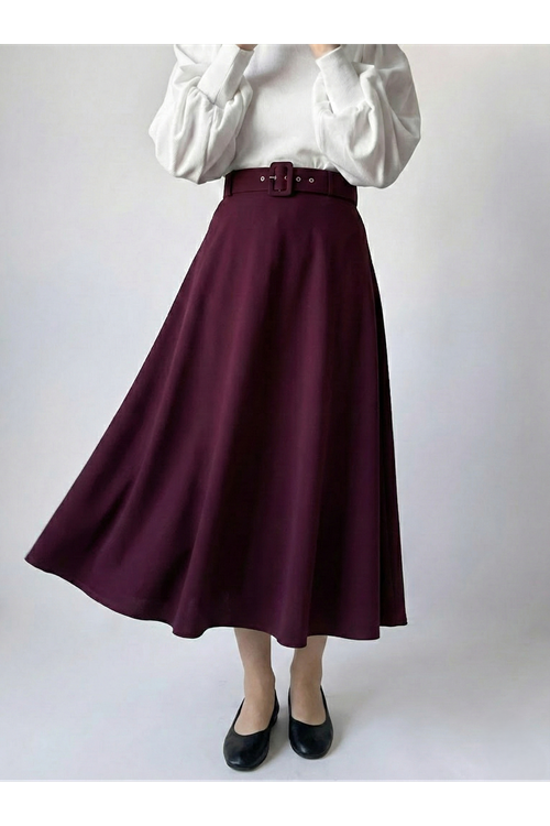 MOE02806-BRD Kemerli Kloş Etek-Bordo