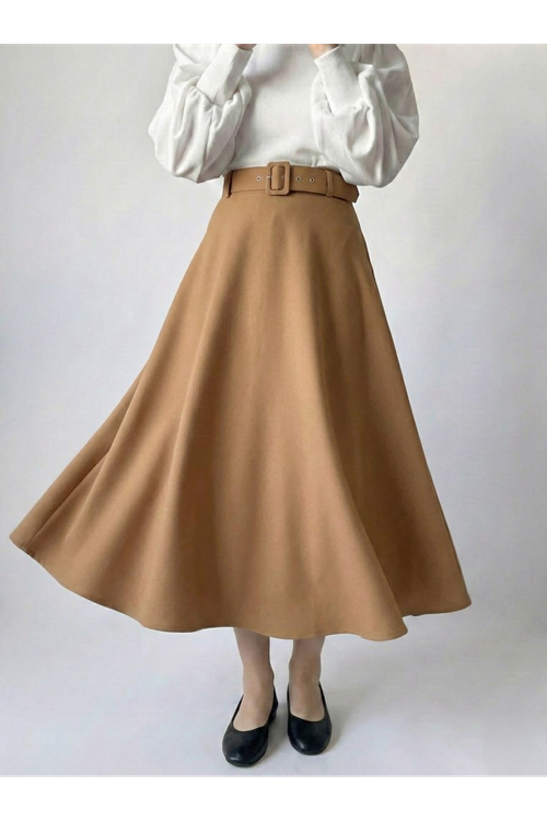 MOE02806-145 Kemerli Kloş Etek-Karamel