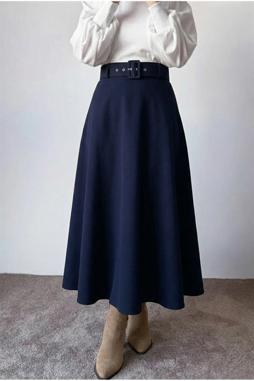 MOE02806-LCV Kemerli Kloş Etek-Lacivert