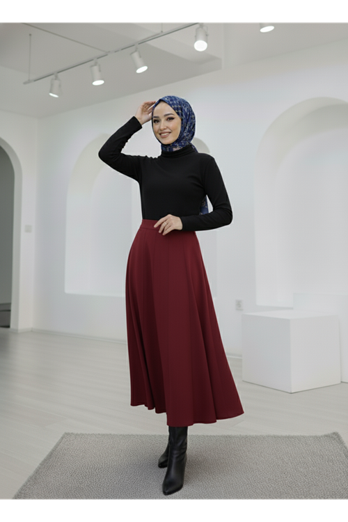 MOE03043-BRD Çıma Detaylı Parçalı Etek-Bordo