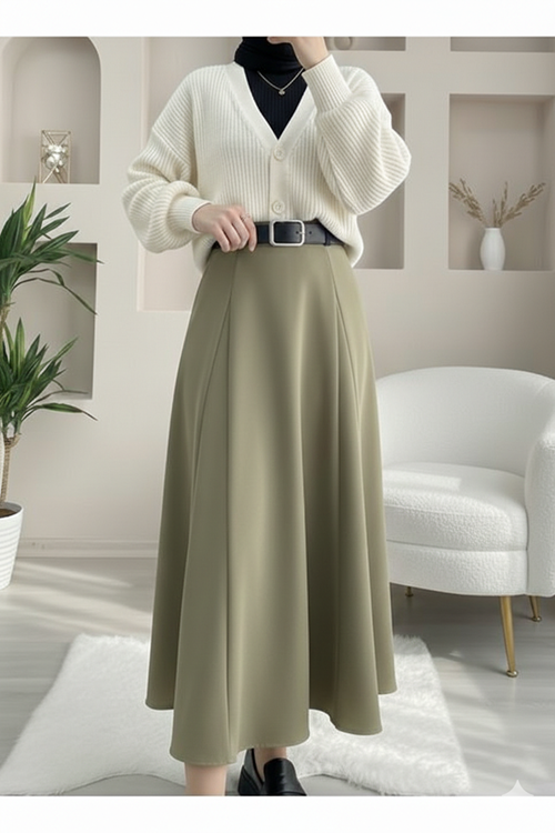 MOE03049-P83 Kelebek Detaylı Dabıl Etek-Açık Haki