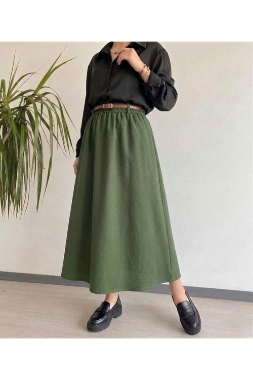 MOE03057-HKİ Kemer Detay Terikoton Etek-Haki