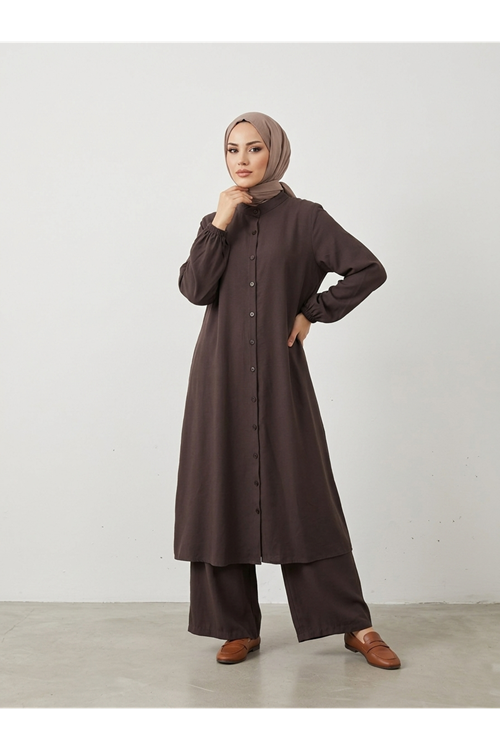 PİT00504-KHV Hakim Yaka Uzun Pantolonlu Takım-Kahve