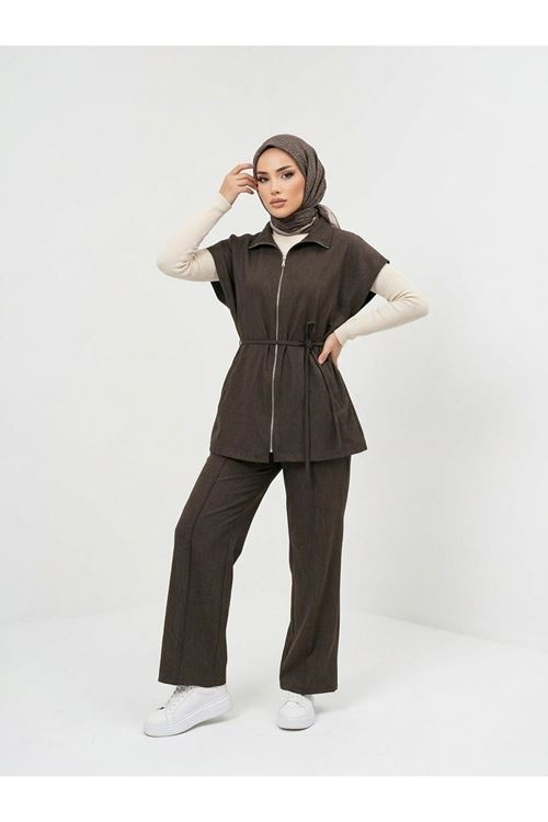 PİT00505-KHV Yelek Fermuar Detay Pantolon Çımalı Takım-Kahve