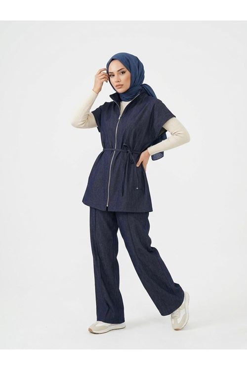 PİT00505-LCV Yelek Fermuar Detay Pantolon Çımalı Takım-Lacivert