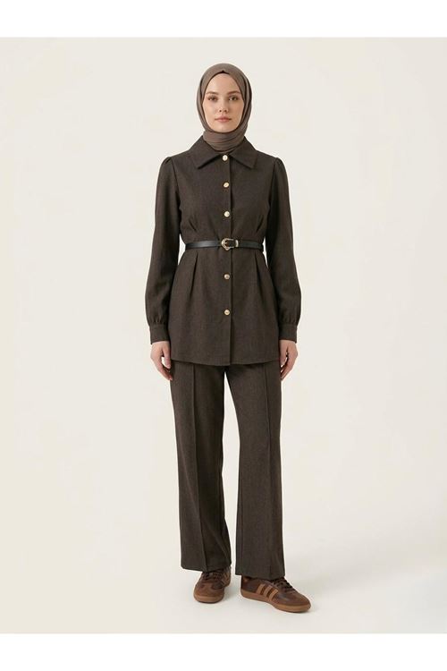 PİT00506-KHV Ön Arka Pensli Pantolonlu Takım-Kahve