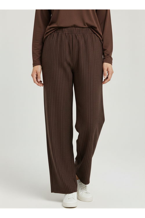 PNT01548-KHV Bol Paça Çizgili Keten Pantolon-Kahve