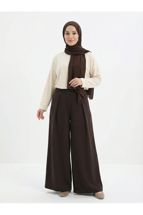 PNT01556-KHV Geniş Pileli Pantolon-Kahve