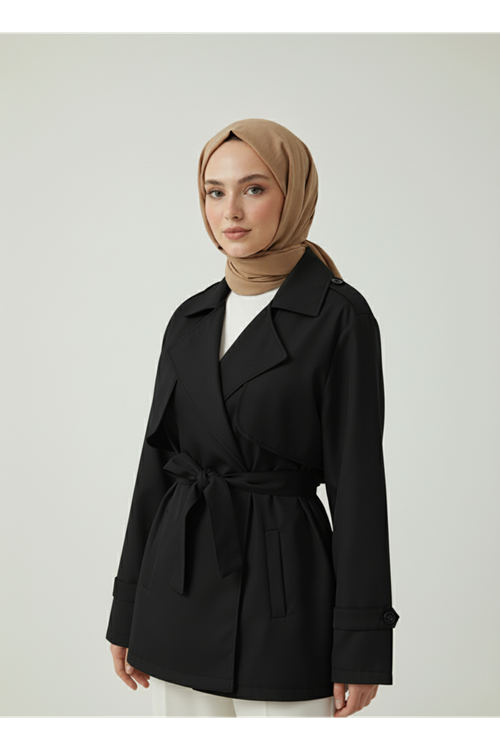 TRÇ00143-SYH Aller Detay Kısa Trençkot-Siyah