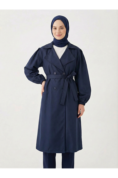 TRÇ00145-LCV Düğmeli Kruveze Uzun Trenç-Lacivert
