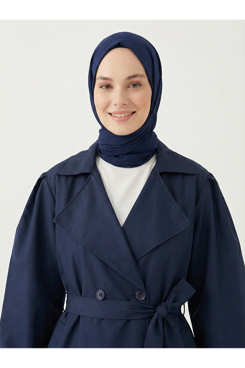 TRÇ00145-LCV Düğmeli Kruveze Uzun Trenç-Lacivert