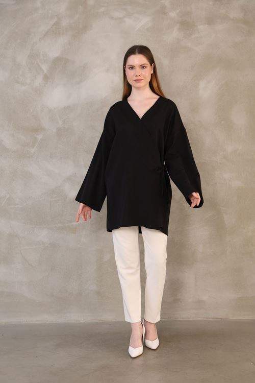 TUN05814-SYH Yan Bağlamalı Atlas Tunik-Siyah