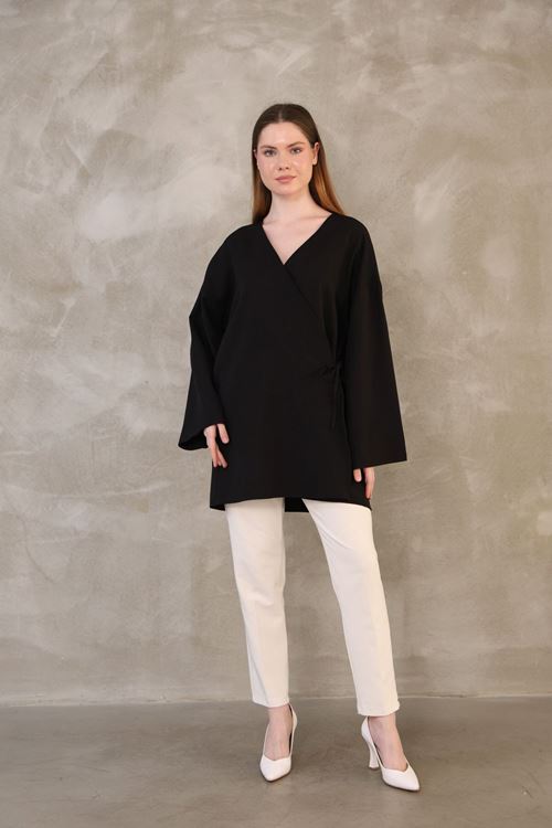 TUN05814-SYH Yan Bağlamalı Atlas Tunik-Siyah