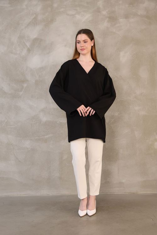 TUN05814-SYH Yan Bağlamalı Atlas Tunik-Siyah