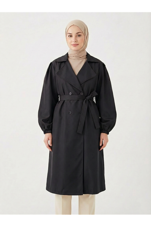 TRÇ00145-SYH Düğmeli Kruveze Uzun Trenç-Siyah