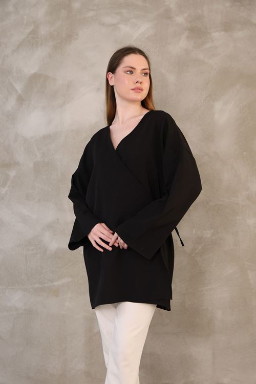 TUN05814-SYH Yan Bağlamalı Atlas Tunik-Siyah