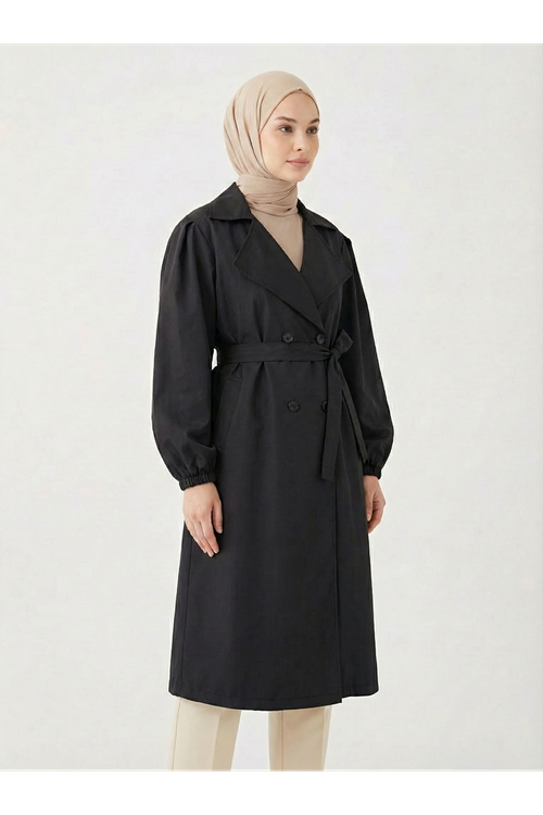 TRÇ00145-SYH Düğmeli Kruveze Uzun Trenç-Siyah