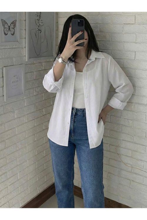 TUN05837-BYZ Kadın V Yaka Süveter Gömlek Yazlık Trend Modest Tesettür Tunik-Beyaz