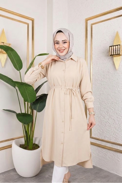 TUN05867-TAŞ Kadın Yırtmaç Detaylı Kuşaklı Gömlek Yaka Boydan Düğmeli Uzıun Tesettür Tunik-Taş