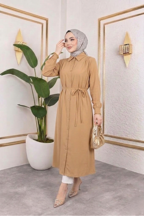 TUN05879-CRM Arka Roba Omuz Pile Uzun Tunik-Karamel