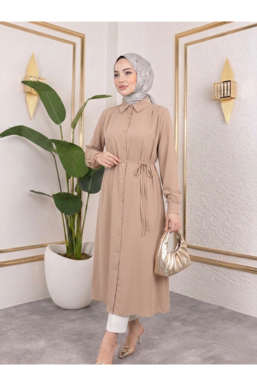 TUN05879-PDR Arka Roba Omuz Pile Uzun Tunik-Pudra