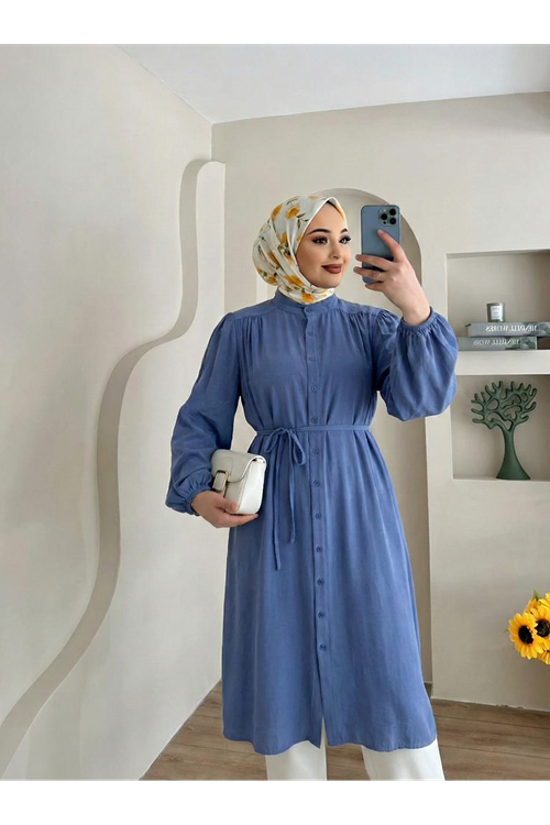 TUN05884-İND Hakim Yaka Omuz Büzgü Uzun Tunik-İndigo