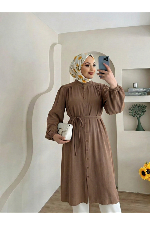 TUN05884-KHV Hakim Yaka Omuz Büzgü Uzun Tunik-Kahve