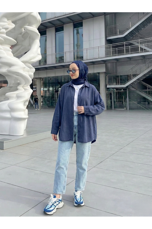 TUN05943-LCV Arka Roba Detay Tunik-Lacivert
