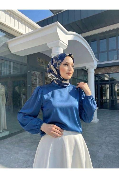 TUN05944-PMV Arka Fermuar Detay Saten Tunik-Petrol Mavisi