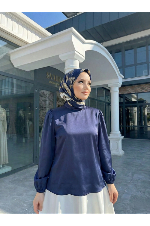 TUN05944-LCV Arka Fermuar Detay Saten Tunik-Lacivert