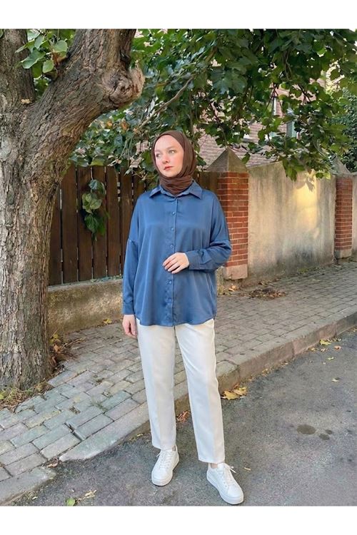 TUN05945-PMV Saten Tunik-Petrol Mavisi