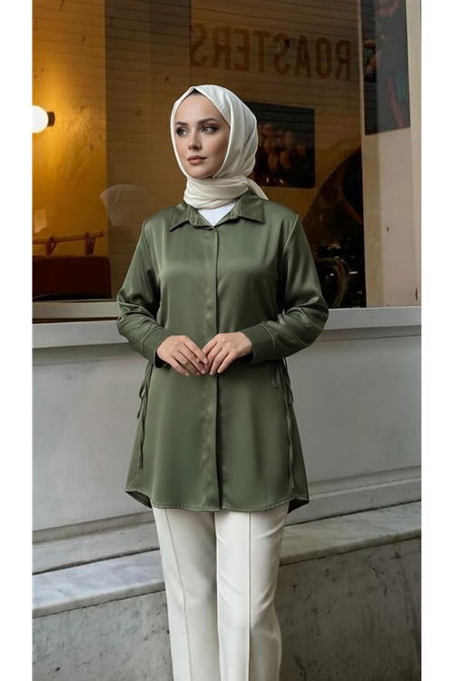 TUN05946-HKİ Yan Bağlamalı Saten Tunik-Haki