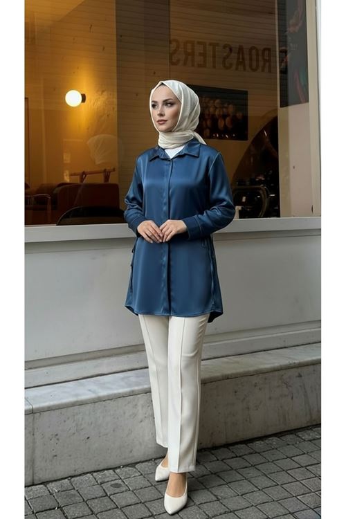 TUN05946-PMV Yan Bağlamalı Saten Tunik-Petrol Mavisi