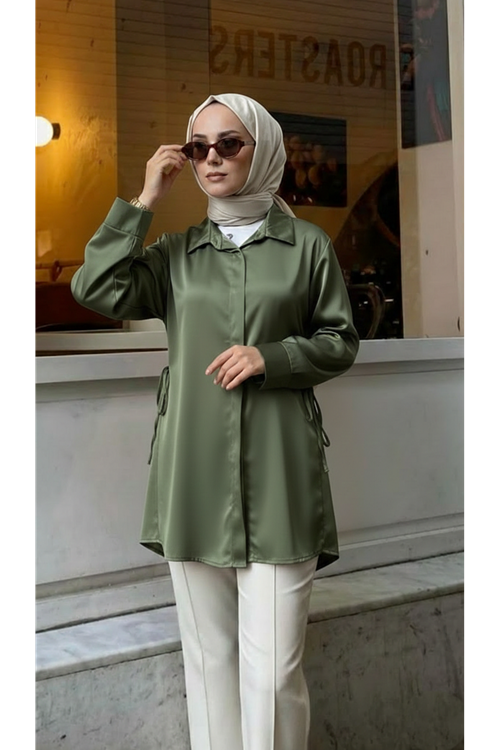 TUN05946-HKİ Yan Bağlamalı Saten Tunik-Haki