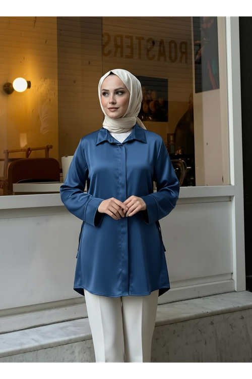 TUN05946-PMV Yan Bağlamalı Saten Tunik-Petrol Mavisi