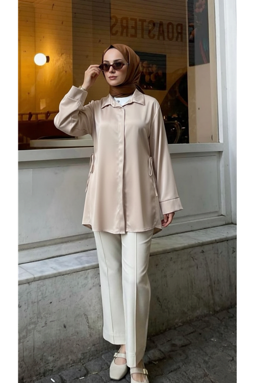 TUN05946-TAŞ Yan Bağlamalı Saten Tunik-Taş