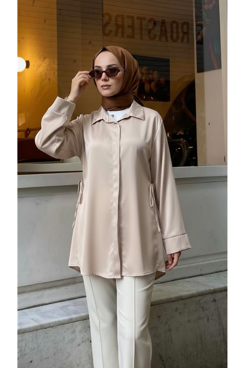 TUN05946-TAŞ Yan Bağlamalı Saten Tunik-Taş