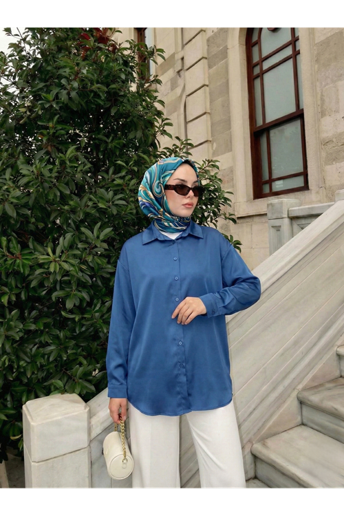 TUN05950-PMV Saten Tunik-Petrol Mavisi