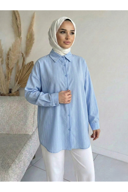 TUN05952-MAV Kendinden Çizgili Tunik-Mavi