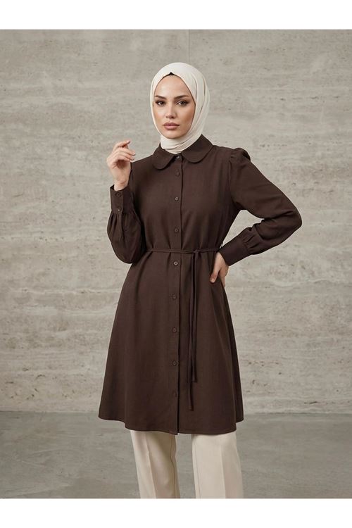 TUN05956-KHV Bebe Yaka Omuz Kol Büzgülü Tunik-Kahve