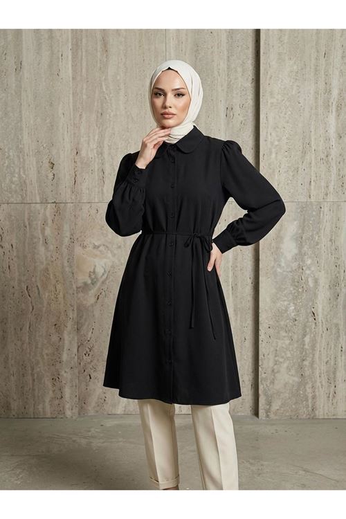TUN05956-SYH Bebe Yaka Omuz Kol Büzgülü Tunik-Siyah