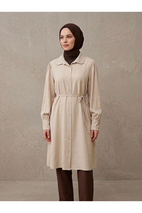 TUN05956-TAŞ Bebe Yaka Omuz Kol Büzgülü Tunik-Taş