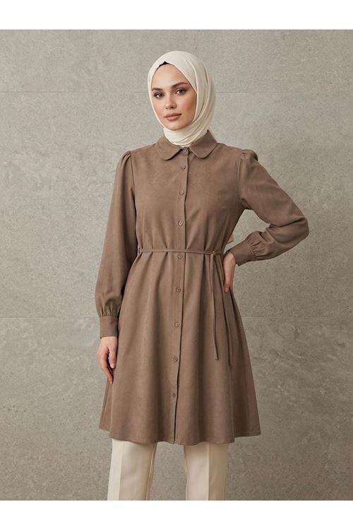 TUN05956-VİZ Bebe Yaka Omuz Kol Büzgülü Tunik-Vizon