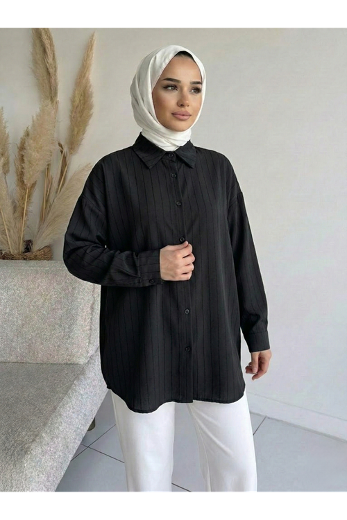 TUN05952-SYH Kendinden Çizgili Tunik-Siyah